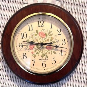Westclox Vintage Wall Clock Wood Frame Floral Rose Face Gold Trim Quartz 9 Inch